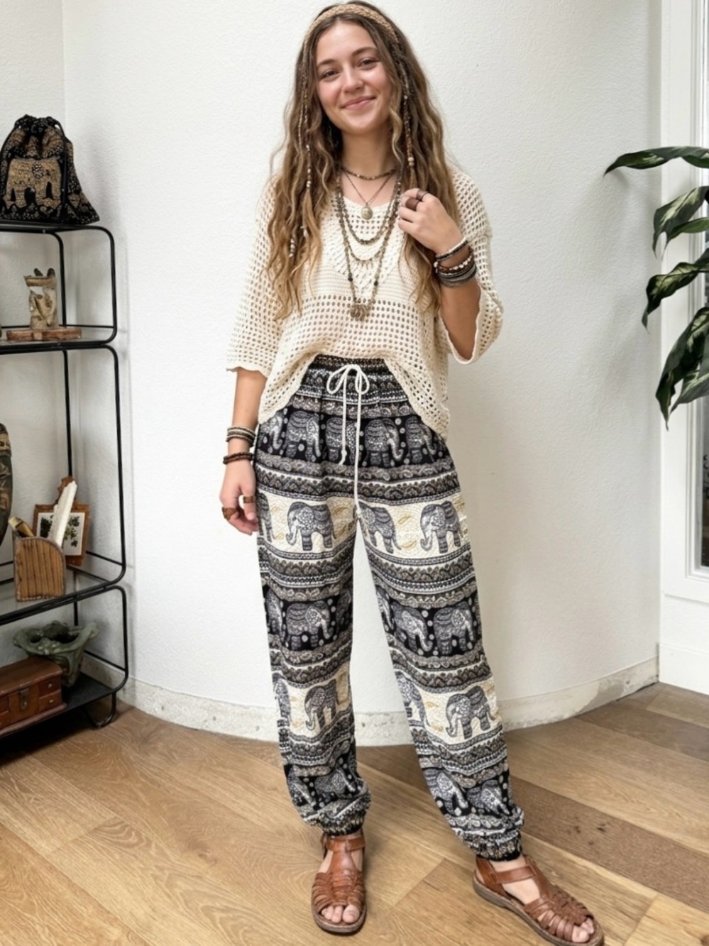 Boho Elephant Print Jogger Thai Harem Pants M Cream & Black Rayon Drawstring